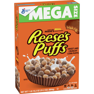 Reese's Puffs Breakfast Cereal, Chocolate Peanut Butter with Whole Grain, Mega Size, 31.2 oz