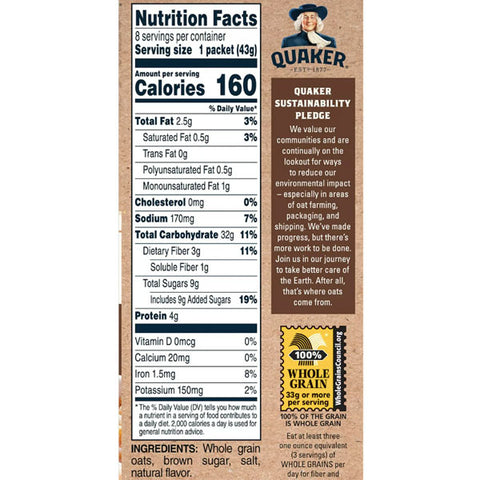 Quaker Instant Oatmeal, Gluten Free, Maple Brown Sugar, 8 Count