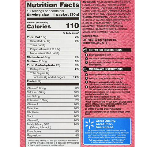 Great Value Strawberries & Cream Flavor Instant Oatmeal, 10 Ct