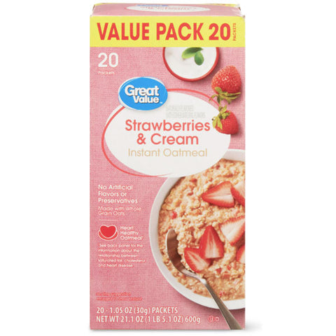 Great Value Instant Oatmeal, Strawberries & Cream Value Pack, 20 Ct