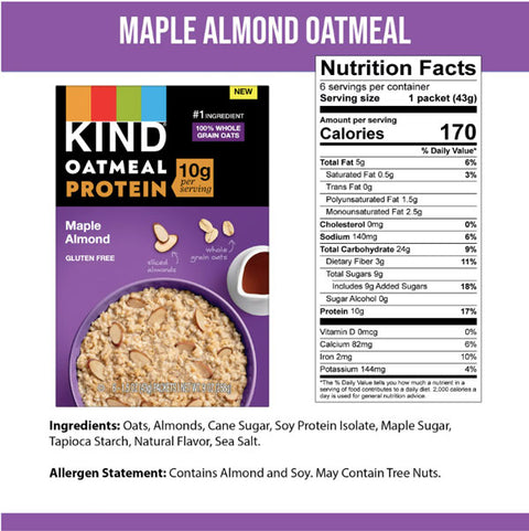 KIND Protein Oatmeal, Maple Almond, 10 grams of Protein, 6 Count