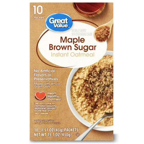 Great Value Maple & Brown Sugar Flavor Instant Oatmeal, 10 Ct