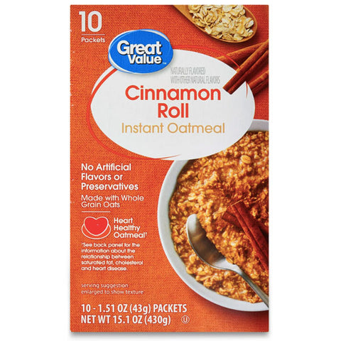 Great Value Cinnamon Roll Flavor Instant Oatmeal, 10 Ct