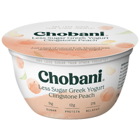 Chobani Greek Yogurt, Less Sugar Clingstone Peach, 5.3oz - Water Butlers