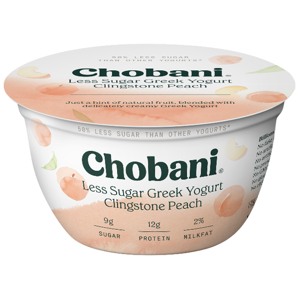 Chobani Greek Yogurt, Less Sugar Clingstone Peach, 5.3oz - Water Butlers