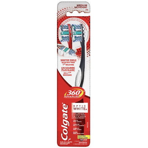 Colgate 360 Advanced Optic White Toothbrush, Medium, 2 Count