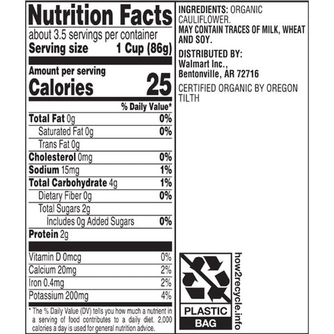Great Value Organic Steamable Multi-color Cauliflower Blend, 10 oz - Water Butlers