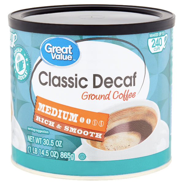 Great Value Classic Decaf, Medium Ground Coffee, 30.5 oz - Water Butlers