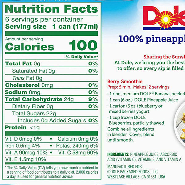 Dole 100% Pineapple Juice, Canned Pineapple Juice, 6oz, 6 Count