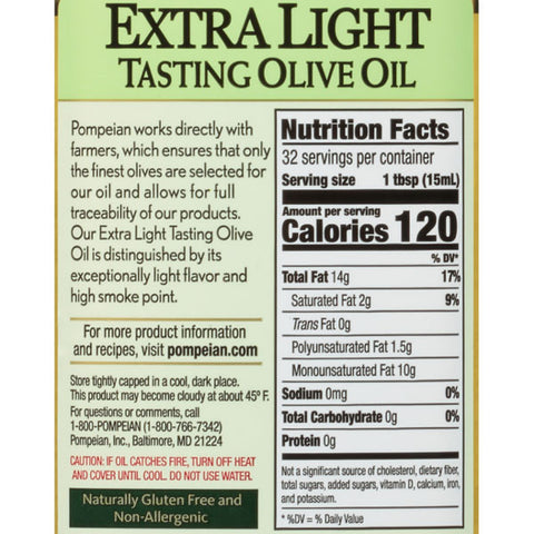 Pompeian Extra Light Olive Oil, 16 fl oz - Water Butlers