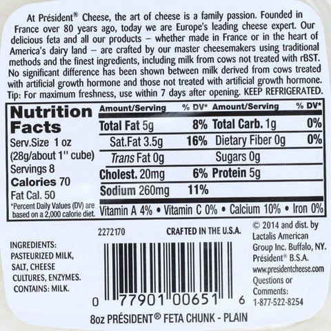 President Block All-Natural Feta Cheese, 8oz.