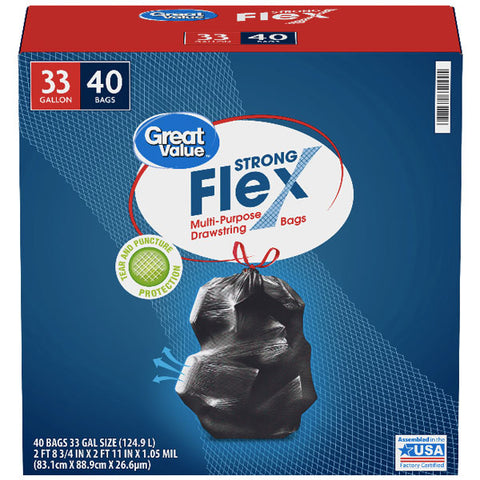 Strong Flex Multipurpose Large Trash Bags, 33 Gallon, 40 Ct