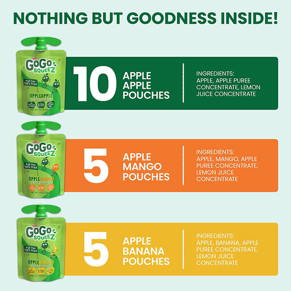 GoGo squeeZ Applesauce Variety pack, Apple Apple, Apple Banana, Apple Mango, 20 Count