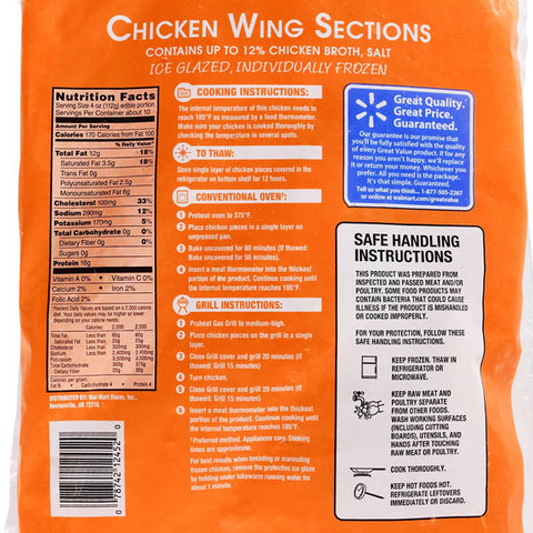 Great Value All Natural Chicken Wing Sections, 4 lb.