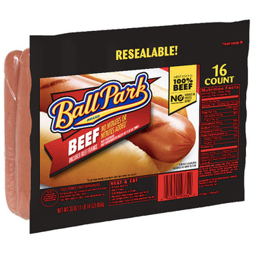Ball Park Beef Hot Dogs, Original Length, 30 oz, 16 Ct
