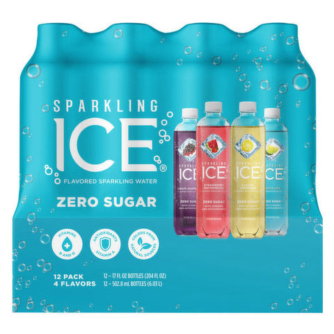 Sparkling Ice Zero Sugar, 4 Flavors, Variety Pack-Strawberry Watermelon/Classic Lemonade/Grape Raspberry/Lemon Lime, 12 Ct