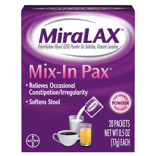 MiraLAX Mix-In Laxative Powder for Gentle Constipation Relief, 20 Ct