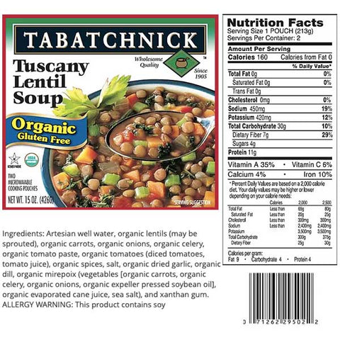 Tabatchnick Organic Tuscany Lentil Soup, 15 oz - Water Butlers