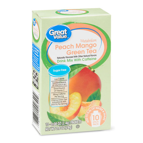 Great Value Peach Mango Green Tea Drink Mix, Water Flavoring, 10 Count