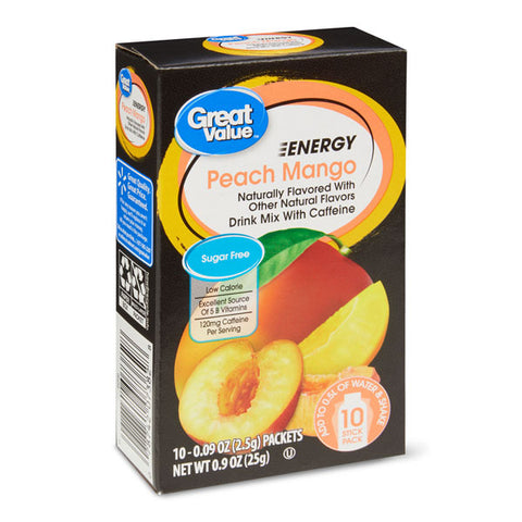 Great Value Peach Mango Energy Drink Mix, Water Flavoring, 10 Count