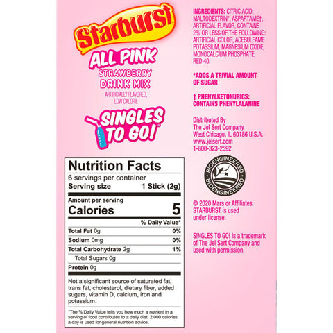 Starburst Sugar-Free On-The-Go All Pink Strawberry Drink Mix, 6 Count