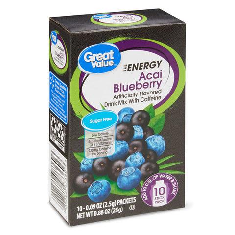 Great Value Acai Blueberry Energy Drink Mix, Water Flavoring, 10 Count