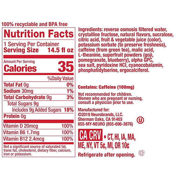 NeuroBliss Superfruit Infusion, Functional Beverage for Reducing Stress, Vegan & Low Sugar, 14.5 oz