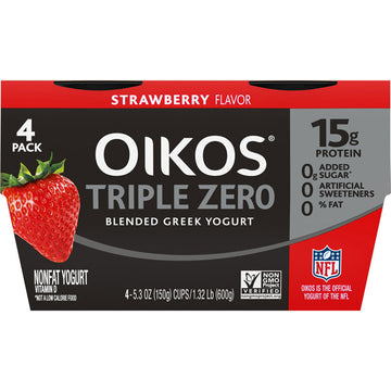 Dannon Oikos Triple Zero Strawberry Greek Yogurt, 5.3 oz., 4 Count