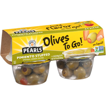 Pearls Pimiento Stuffed Spanish Green Olives To Go, 4 Pack