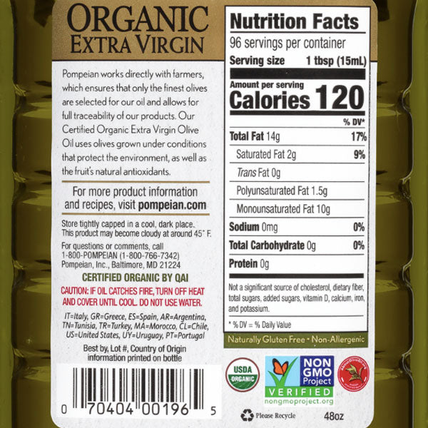 Pompeian Organic Extra Virgin Olive Oil, 48 fl oz - Water Butlers