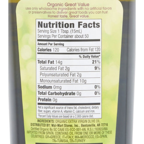 Great Value Organic Extra Virgin Olive Oil, 25.5 fl oz - Water Butlers