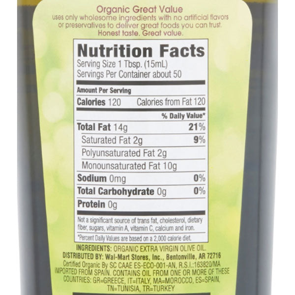 Great Value Organic Extra Virgin Olive Oil, 51 fl oz