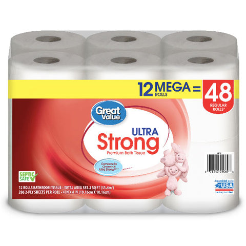 Great Value Ultra Strong Toilet Paper, 12 Mega Rolls