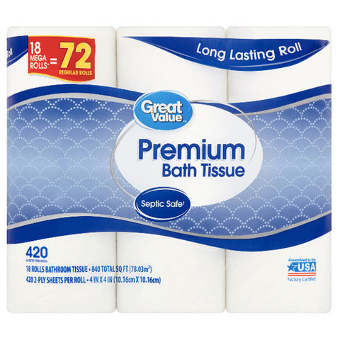 Great Value Soft & Strong Premium Toilet Paper, 18 Mega Rolls