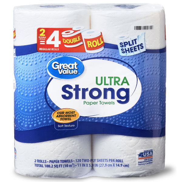 Great Value Ultra Strong Paper Towels, Split Sheets, 2 Double Rolls
