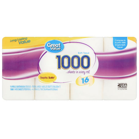 Great Value 1000 Toilet Paper, 16 count