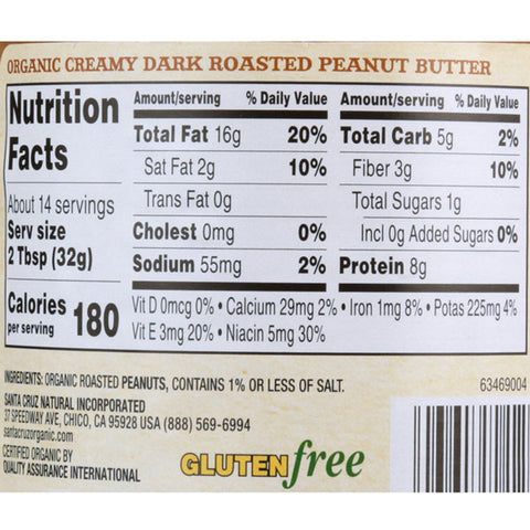 Santa Cruz Organic Dark Roasted Creamy Peanut Butter, 16 oz