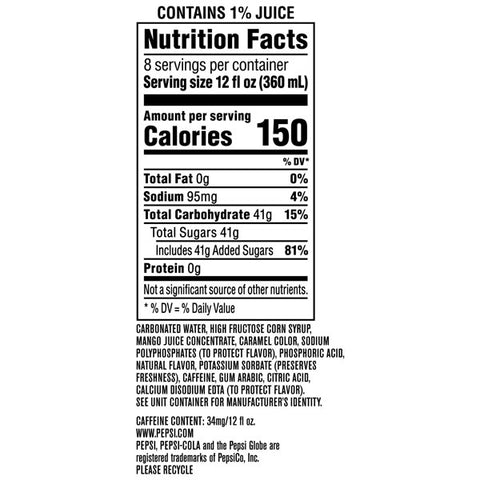 Pepsi Soda, Mango, 12 Fl oz, 8 Count