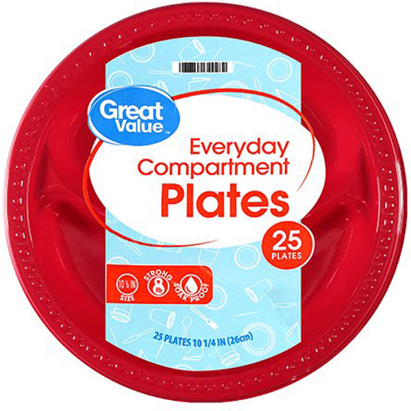 Compartment Plastic Dinner Plates, 25 Count