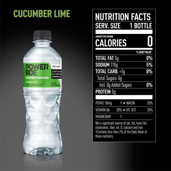 Powerade Power Water, Cucumber Lime, Zero Sugar Zero Calorie, 16.9 fl oz, 6 Pack