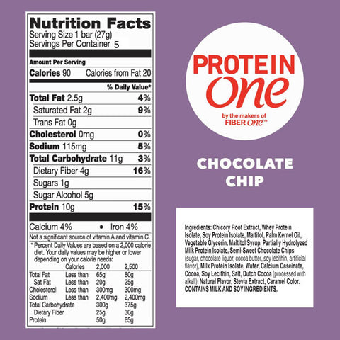 Protein One, Chocolate Chip Protein Bars, Keto Friendly, 5 Count