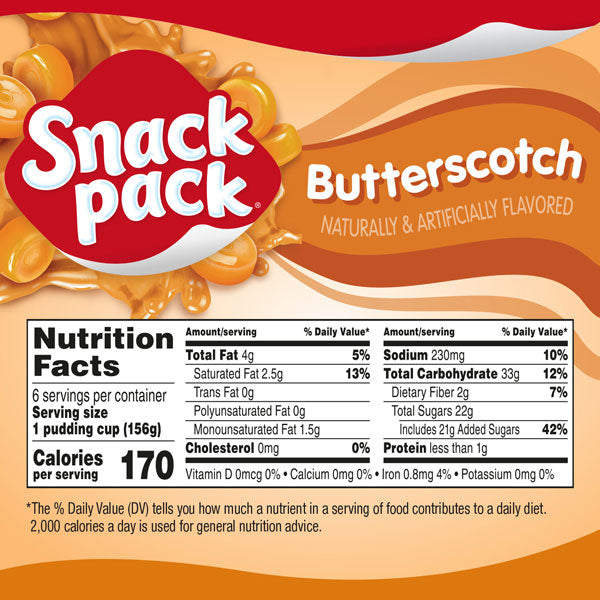Snack Pack Butterscotch Pudding Cups, Super Size, 5.5 Oz, 6 Pack