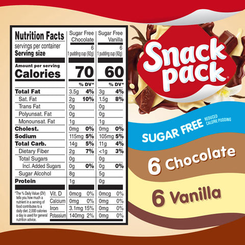 Snack Pack Sugar Free Chocolate & Vanilla Pudding Cups, 12 Pack