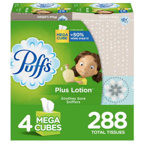 Puffs Plus Lotion Facial Tissues, 4 Mega Cubes