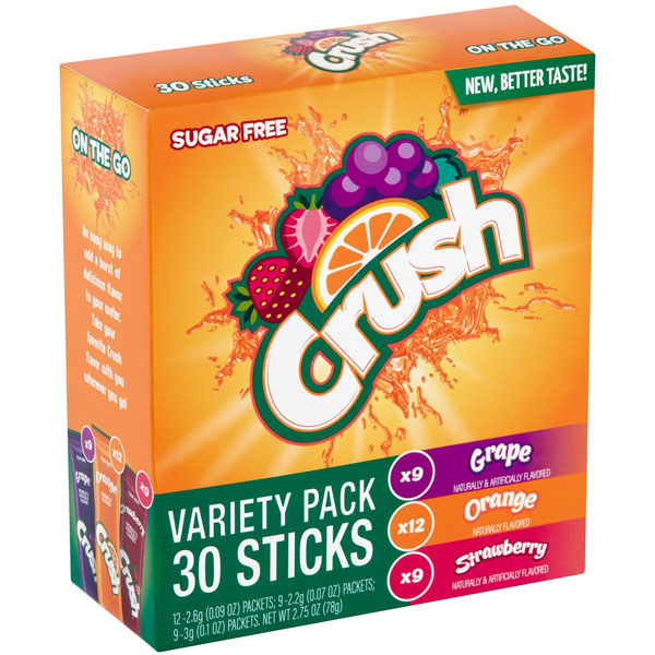 Crush Sugar Free Grape Orange Strawberry On the Go Drink Mix Variety Pack, 30 Count