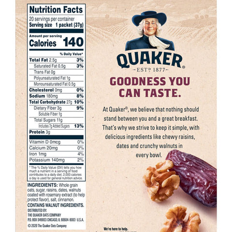 Quaker Instant Oatmeal, Raisin, Date & Walnut Value Pack, 20 Ct