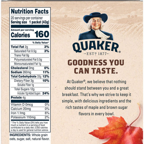 Quaker Instant Oatmeal, Maple & Brown Sugar Value Pack, 20 Ct