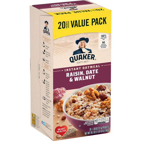 Quaker Instant Oatmeal, Raisin, Date & Walnut Value Pack, 20 Ct