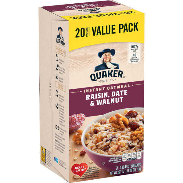 Quaker Instant Oatmeal, Raisin, Date & Walnut Value Pack, 20 Ct