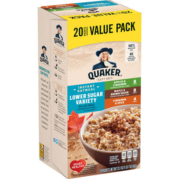 Quaker Instant Oatmeal, Lower Sugar Variety Pack Value Pack, 20 Ct